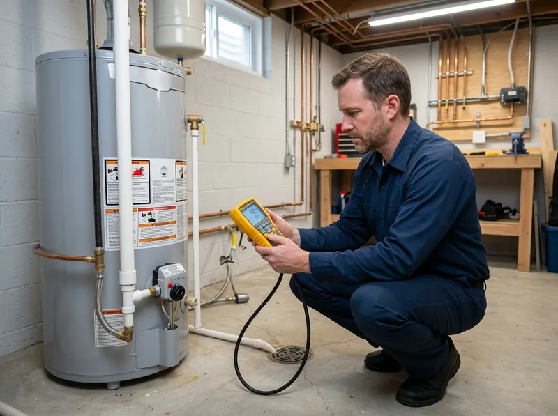 Technician testing a residential water heater with a multimeter